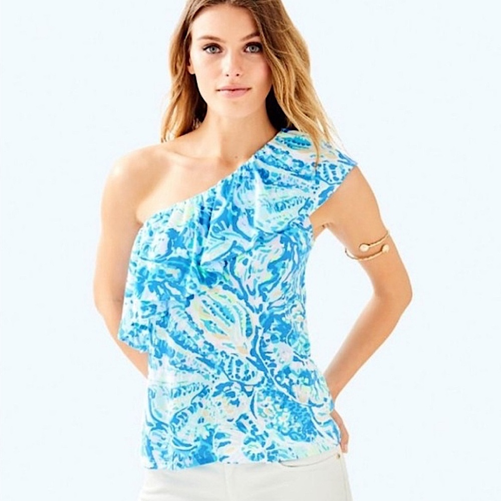 Lilly Pulitzer | NWOT Matteo One Shoulder Top Ruffled Salty Seas XS